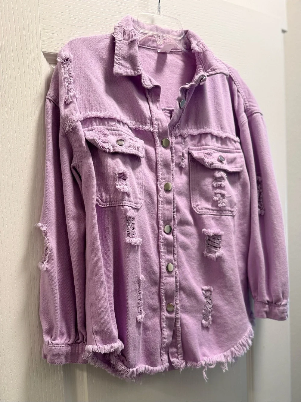 Lavender Distressed Jean Shacket - Picture 3 of 5